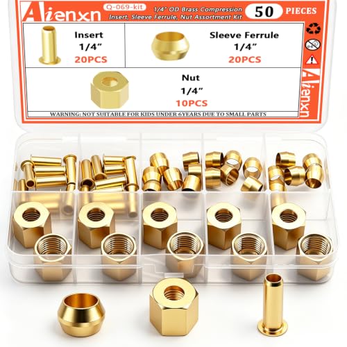 50PCS 1/4" Brass Compression Fittings Assortment kit, Insert, Sleeve Ferrule, Nut for Connecting air, Fuel, Water, Oil and inert Gases Lines - size: 1/4" (50PCS), style: Compression Fittings