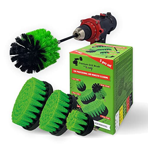 Premium Drill Brush Professional – Medium 5-Piece Kit (5/4/3.5/2 in Brushes + 6 in Extension) | Multi-Surface Kitchen and Household Cleaning for Ovens, Hobs, Floor Tiles and Greasy Cookware - color: Green