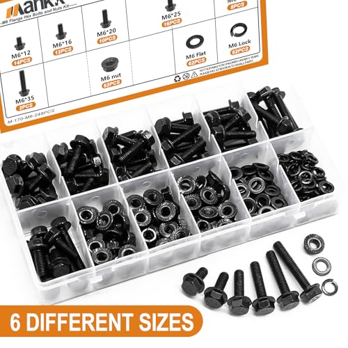 mankk 248PCS Metric Flange Hex Bolts and Nuts Kit M6x1.0 Bolt (12mm to 35mm) Grade 10.9 Black Alloy Steel Class Hex Bolts and Nuts Washers Kit for Automotive - color: Black-248PCS M6