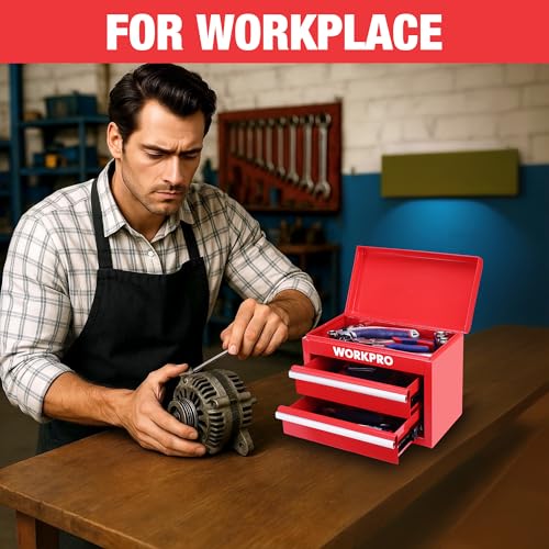WORKPRO Metal Mini Tool Box with 2 Drawers and Top Storage - color: Red