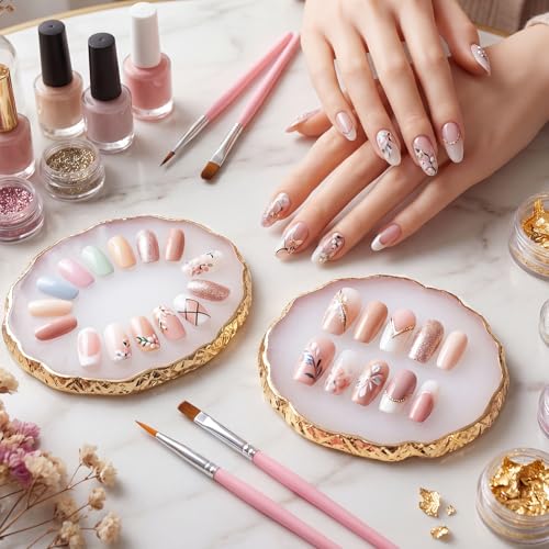 2 Pcs Resin Nail Art Palette, White Gold Edge Mixing Tray - color: White