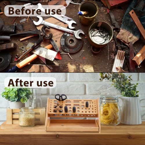 DICOSMETIC 1Set Wood Screwdriver Organizer 12.28x6.69x6.89 Inch Screwdriver Storage Rack Desktop Hand Tool Stand Repair Tool Storage Holder 53 Slots Workbench Rack for Hammer Wrench