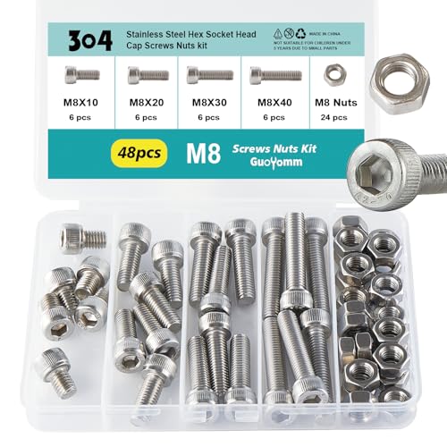 M8 x 10mm 20mm 30mm 40mm Hex Socket Head Cap Screws Bolts and Nuts, Stainless Steel 304, Bright Finish, Metric Allen Drive, Fully Thread, Assortment Kit 48PCS - size: Socket M8x10-40mm+Nuts