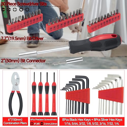MARTCOLOR 58-Piece Household Tool Set, Red Hand Kit with Storage Case - color: Red