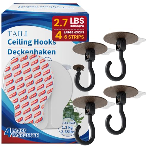 TAILI Adhesive Ceiling Hooks for Hanging Plants, No-Drill 4 Pack Wood Grain - color: Wood Grain, size: 4x Large