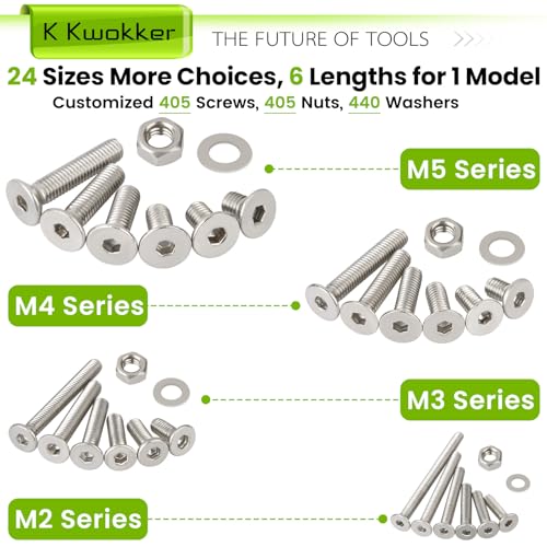 24 Sizes M2 M3 M4 M5 Hex Socket Flat Head Screw Bolts and Nuts Kit, 8MM to 25MM 304 Stainless Steel Nuts and Bolts Assortment Kit Silver Metric Machine Screws 8mm 10mm 12mm 16mm 20mm 25mm - size: D. M2 M3 M4 M5