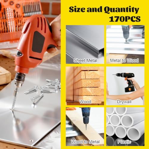 170Pcs #8#10 Self Tapping Screws for Metal, #8x1/2'' 3/4'',#10x1'' 1-1/2'' Hex Washer Head Self Drilling Screws Assortment Kit, 410 Stainless Steel Sheet Metal Screw Silver - size: 170pcs #8#10 Silver