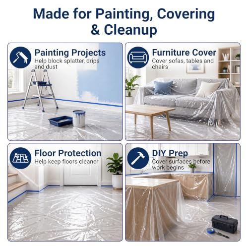 VICMORE Clear Plastic Drop Cloths for Painting, 9 x 12 Ft, 1 Mil, 2 Pack