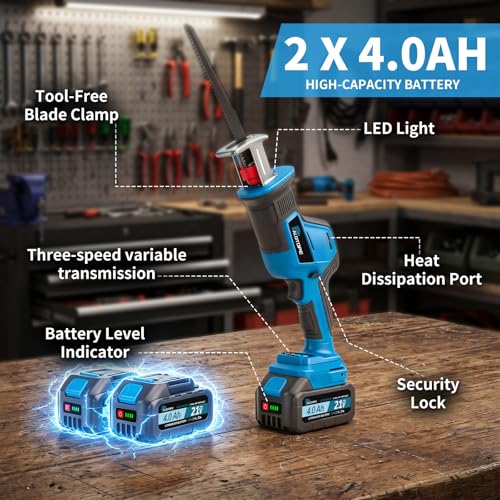 Cordless Reciprocating Saw,Electric Saw with 2 X 4.0Ah Batteries, Handheld Brushless Motor Saw Lightweight with Variable Speed 0-3500 SPM,12 Blades,Cordless Saw for Cutting Wood PVC Pipe