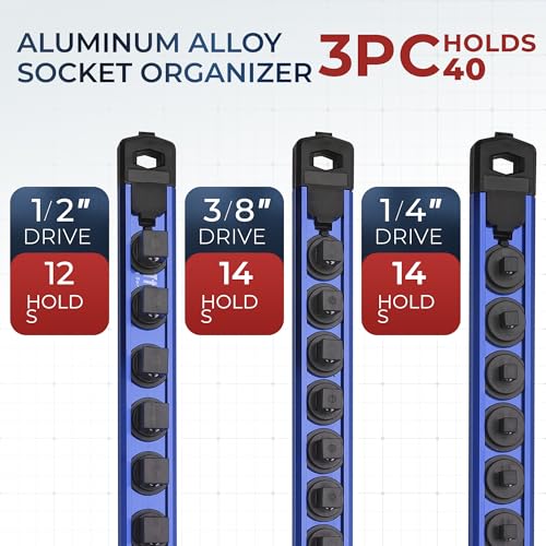 Reniteco Magnetic Socket Organizer Set, 3-Piece 1/2" 3/8" 1/4" Drive Aluminum Alloy Socket Holder with 40PC 360° Swivel Removable Clips, Magnetic Socket Rail for Tool Box Drawer, Blue - color: Blue, size: 3pc