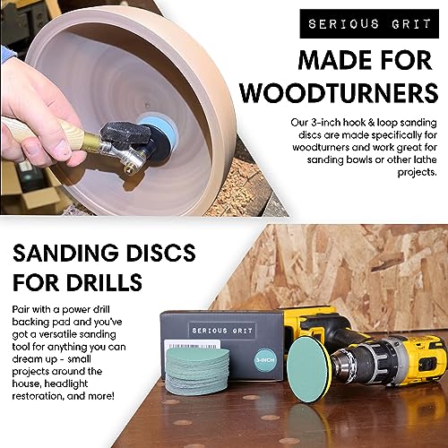 Serious Grit - 3-Inch Sanding Discs - P80 - P220 Assortment - 50 Pack | For Woodturning, Drill Sanders, & More - Includes 10 Each of P80, P120, P150, P180, P220 Grit - Hook & Loop Sandpaper - style: Mixed Grit
