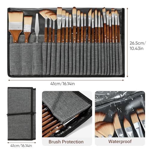 25pcs Paint Brush Set, Professional Paint Brush Set with Cloth Roll and Paint Spatula, Nylon Brushes for Acrylic Painting,Watercolor,Oil,Gouache, Art Supplies for Beginners and Artists (Wood)