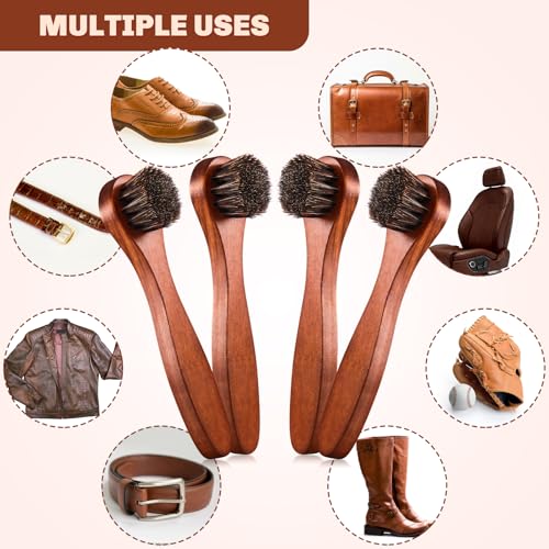 4 Pcs Horsehair Shine Shoes Brush Kit Polish Dauber Applicators Cleaning Leather Shoes Boots Care Brushes Suede Cleaner Brush with Microfiber Shoe Cloth(Brown Handle A) - style: Brown Handle A