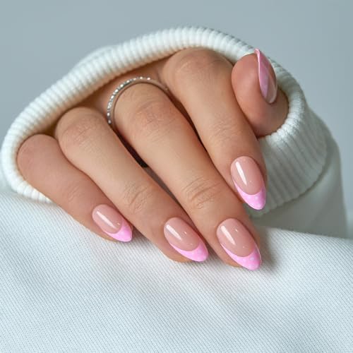 Curvlife Soft Gel Press On Nails Medium Almond Nude Pink French Tip with Polka Dots, Glue On Fake Nails Reusable False Nails Stick On Nail Tips for Women - color: B9 - Pink French Tip Polka Dots