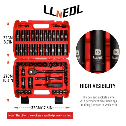 LLNEDL 3/8" Drive Impact Socket Set 95Pcs, Spark Plug Socket (5/8", 13/16") - color: Red Case
