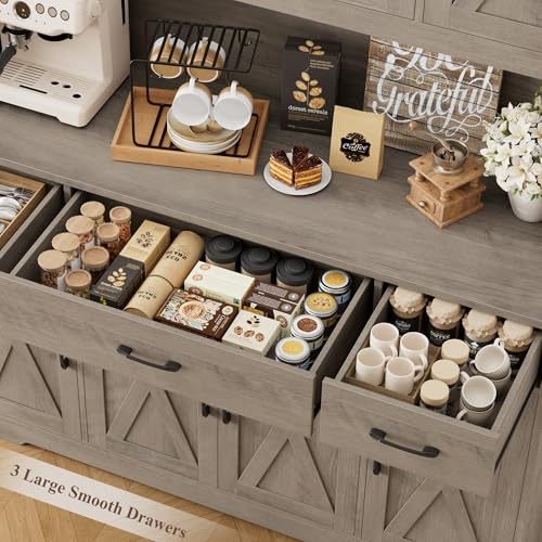 HOSTACK 71" Tall Kitchen Pantry Storage Cabinet, 55" W Kitchen Hutch, Grey | Large Pantry Cabinet with Charging Station / Countertop / 3 Drawers, Farmhouse Hutch Cabinet with Storage for Dining Room - color: Ash Grey