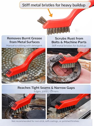 Wire Brush Set (3-Pack) for Precision Cleaning – Brass, Nylon & Stainless Steel Brushes for Rust Removal, Delicate Surfaces & Tight Spaces – 7-Inch Curved Handle - color: 3 PCS RED