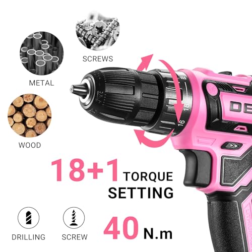 Power Drill Cordless: DEKOPRO Pink Cordless Drill 20V Electric Power Drill Set Tool for Women Drills with Battery and Charger 20 Volt Drills Driver Kit - color: Pink