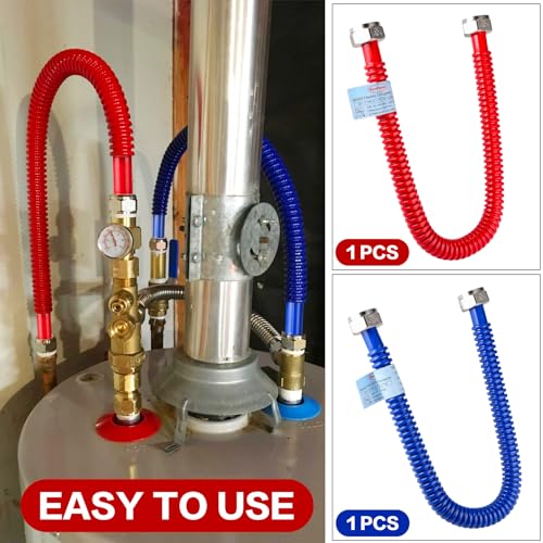 Upgrade 2 Pack Hot & Cold Water Heater Hose 3/4" FIP x 24" Length, Flexible Stainless Steel Corrugated Water Line Connector with Red & Blue Rubber Coated - size: red+blue 3/4"Fx3/4"F, 24"L(0.7"ID)