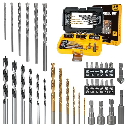 TOLESA 35pcs Drill Bit Set, Titanium Coated, HSS Twist Driver Bit Set