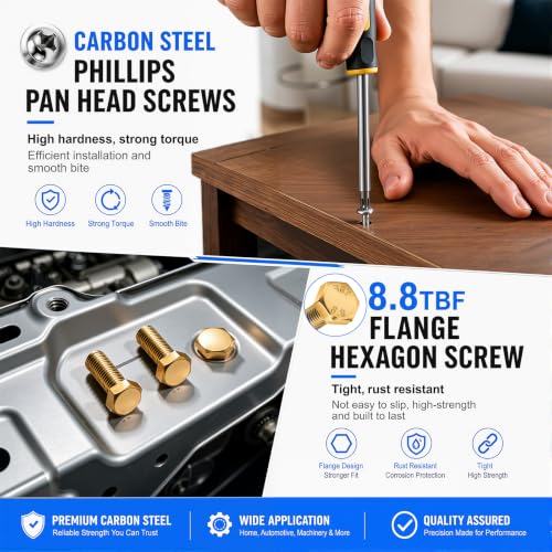 Nuts and Bolts Assortment Kit - Phillips Pan Head & Grade 8.8 Bolts - color: Silver - M3 M4 M5 M6 M8 1/4 5/16 3/8 #6 #8 #10