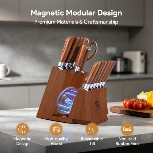 Kitchen Knife Sets With Block, Piklohas 15 Pieces Knife Sets With Magnetic Detachable Knife Holder, High Carbon Steel Damascus Pattern Chef Knife Set With Steak Knives, Ideal For House Warming Gift