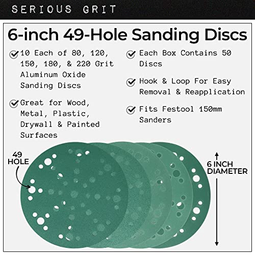 Serious Grit - 6-Inch 49-Hole Sanding Discs - P80-220 Assortment - 50 Pack - size: Mixed Grit
