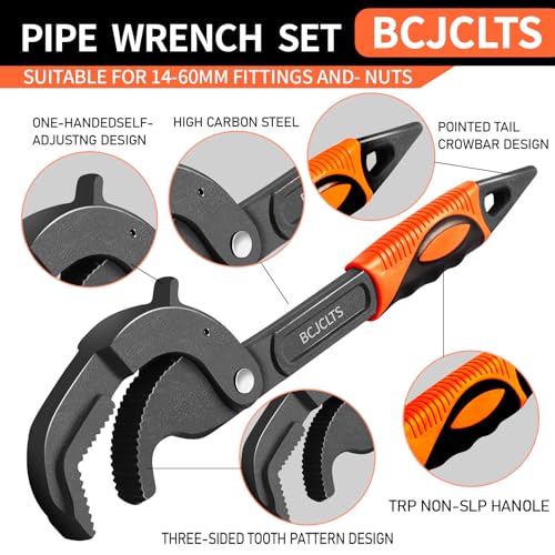 Pipe Wrench Set, 10” and 15” Self Adjusting Wrench 2-Piece Plumbing Tools for 0.55“-2.36”/14-60mm Standard Nuts, Irregular Nuts,Pipes Use