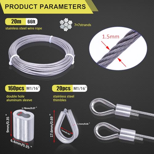 Twidec/Wire Rope Crimping Tool Up To 2.2mm Swaging Tool With 160PCS 1/16''Aluminum Crimping Loop Sleeve And 66FT 1/16'' 304 stainless steel Wire Rope 12PCS Wire Rope Thimbles Kit - style: 66FT