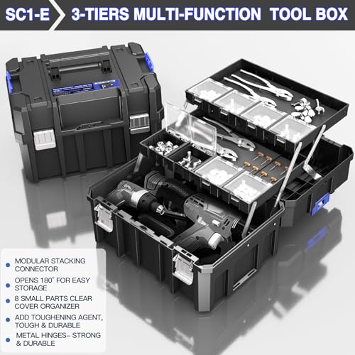 AIRAJ 4 Tier Rolling Tool Box with Wheels, 18” Stackable Tool Box Organizer
