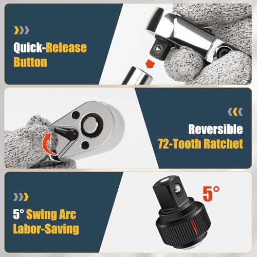 YIYEIE Stubby Flex Head Ratchet Set, 6PCS Stubby Ratchet Set 1/4 3/8 1/2 inch with 3 Extension Bars, 72 Tooth Reversible & Quick-Release, 180° Swivel Head Mini Handle with EVA Foam - size: 1/4", 3/8", 1/2" Drive, style: Stubby Ratchet Set