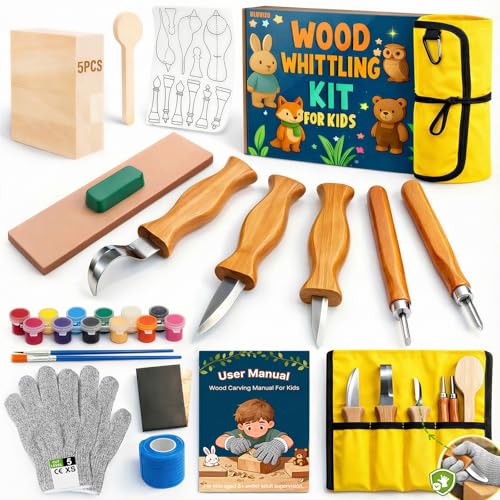 Wood Carving Whittling Kit for Kids: Round-Tip Knife Set with Storage Bag