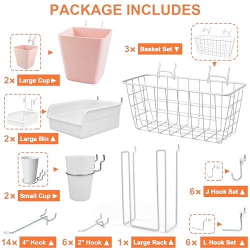 Pegboard Organizer Set 42Pack Peg Board Baskets Hooks Bins Cups(White Pink) - color: White & Pink