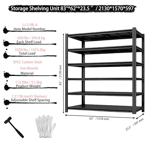 5-Tier Heavy Duty Garage Shelving, 3,250 lbs Capacity Adjustable Metal Storage Shelving Unit for Garage, Basement, Warehouse and Workshop, 62" W x 23.5" D x 83" H - size: 6T 62"W x 24"D x 83"H