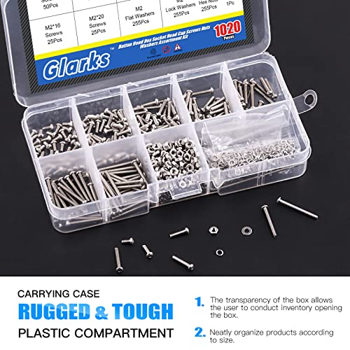 Glarks 1021Pcs M2 Button Head Screws 304 Stainless Steel Hex Socket Cap Screws Bolts and Nuts Washers Assortment Kit with Hex Wrench for Machinery Furniture Car Repair - size: M2 screw assortment kit