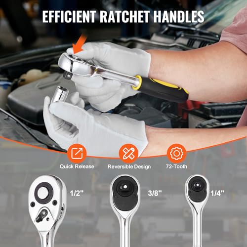 VEVOR Mechanics Tool Set 207 Pieces 1/4" 3/8" 1/2" Drive Sockets -SAE and Metric Mechanic Tool Kit with Bits - Wrenches, Ratchet Handle, Accessories, and Plastic Storage Case - for Automotive Repair - size: 207-PCS