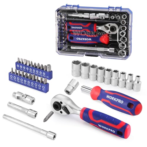 WORKPRO 34 PCS 1/4" Drive Mini Socket Ratchet Wrench Set, Socket & Bit Head - style: Dual-Head Ratchet Bit-Rich Set