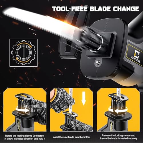 Cerycose Cordless Reciprocating Saw Compatible with DeWalt 20V Battery, Brushless motor, Variable Speed 0-3000 Spm, Tool Free Blade Change, 4 Saw Blades for Wood/Metal/PVC Cuts (Tool Only) - style: One-handed for dewalt battery