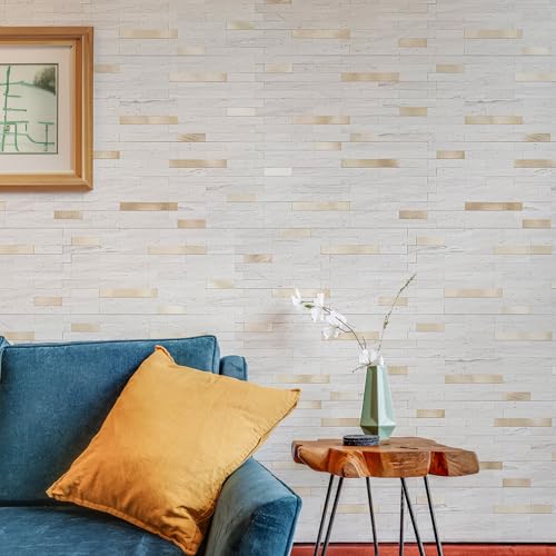 StyloVue 20 Sheets Peel and Stick Backsplash for Kitchen, Pearl White Sandstone with Metal Gold Look Stick on Tile Upgrade Your Kitchen Backsplash, RV, Fireplace - color: Pearl White Sandstone With Metal Gold