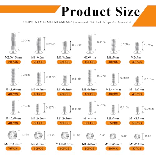 1020Pcs M1 M1.2 M1.4 M1.6 M2 M2.5 Metric Micro Screws Nuts Assortment, Hex Nuts, Small Machine Screws, for Arduino, RC Models, Electronics and DIY Flat Countersunk Head - size: 1020pcs