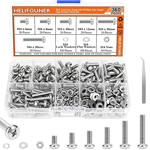HELIFOUNER 360 Pieces M4 x 6mm /8mm /10mm /12mm /16mm /20mm, Phillips Pan Head Machine Screws, Metric Screws Bolts Washers Nuts Kit, 304 Stainless Steel - size: M4