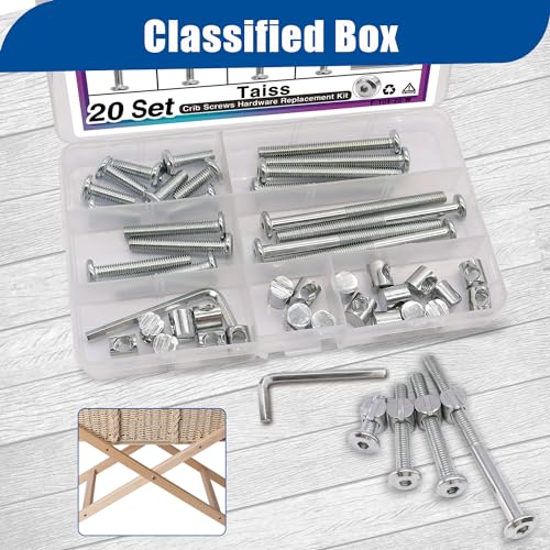 Taiss 20 Set Crib Screws M6x20mm/40mm/60mm/80mm Baby Bed Crib Screws Hardware Replacement Kit,Bunk Bed Bolts Hex Socket Cap Screws Bolt with Barrel Nuts/Wrenches for Beds Furniture Headboards - color: Silver