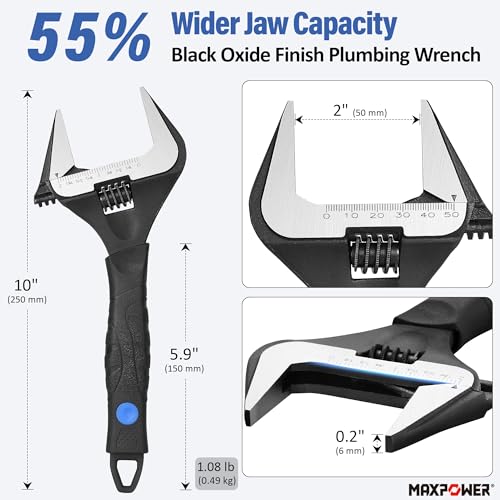 MAXPOWER 10-inch Wide Jaw Adjustable Wrench, 2-inch Jaw Capacity - size: 10-inch