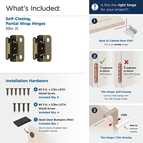 Amerock 1 Pair 1/2" Overlay Burnished Brass Partial Wrap Cabinet Hinge - color: Burnished Brass, size: 1/2 Inch (13 mm) Overlay