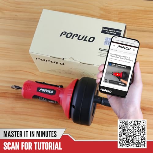 POPULO Auto-Feed 17FT Drain Snake Auger for 3/4"-2" Pipe, Plumbing Snake Drain Auger with Drill Adapter, Sink Snake Drain Hair Remover for Kitchen, Bathroom and Shower Sink, PMDA-5