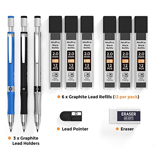 Nicpro 11 Pieces 2mm Mechanical Pencil Set 3 PCS Carpenter Drafting Pencil - color: Black