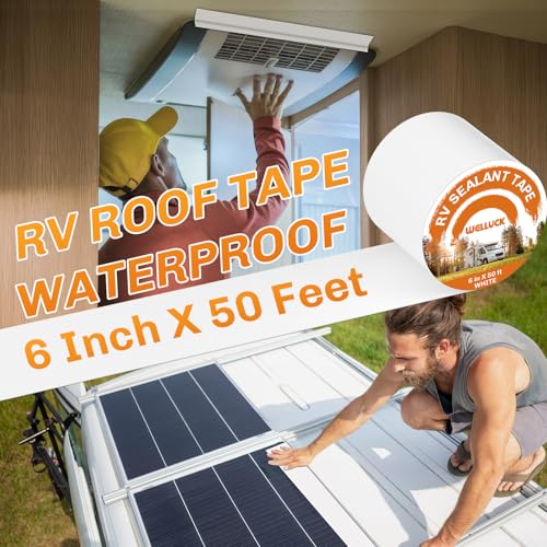 WELLUCK RV Roof Sealant Tape Camper Roofing Repair Tape, 6 Inch X 50 Foot Natural White RV Tape for Roof Repair Camper Trailer Boat Sealing Leak Repair, UV & Waterproof - style: 6 Inch X 50 Foot White