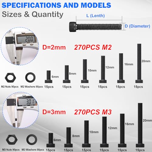 mxuteuk 540PCS M2 M3 Metric Screws Assortment Set Suitable for 3D Printer DIY,Hex Socket Head Cap Screws Bolts Nuts Kit,12.9 Grade Alloy Steel Black Zinc Plated Assorted Screws with Hex Wrench - size: 540PCS M2 M3