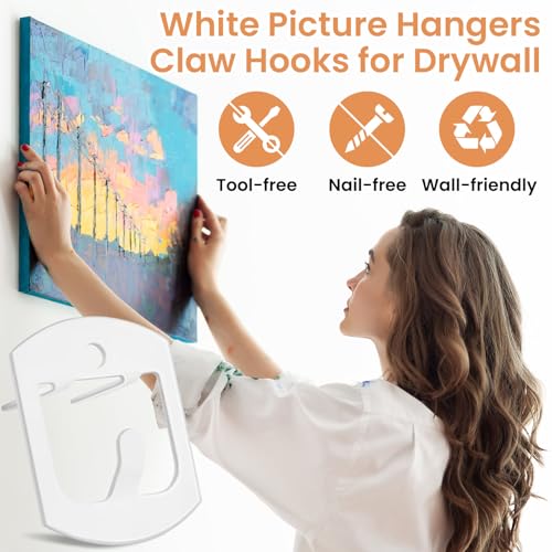 24 Pcs Claw Drywall Picture Hanger White Wall Picture Frame Hanging Hooks No Damage Heavy Duty Wall Hangers 40Lbs Tool-Free Hooks for Hanging Picture Mirror Photo Poster Art Frame Home Office Decor - size: 24 Pack