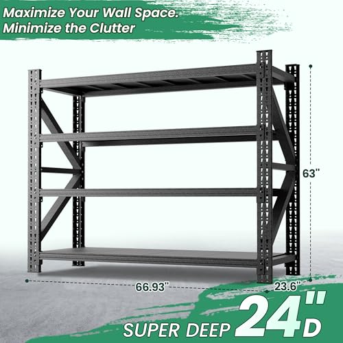 4-Tier Heavy Duty Garage Shelving,Industrial Shelving for Low Ceilings,Garage Storage Racks Heavy Duty Steel Shelves,Compact Metal Rack for Basements,Garages with Ductwork,Apartments - color: Black, size: 24"D*67"W*63"H